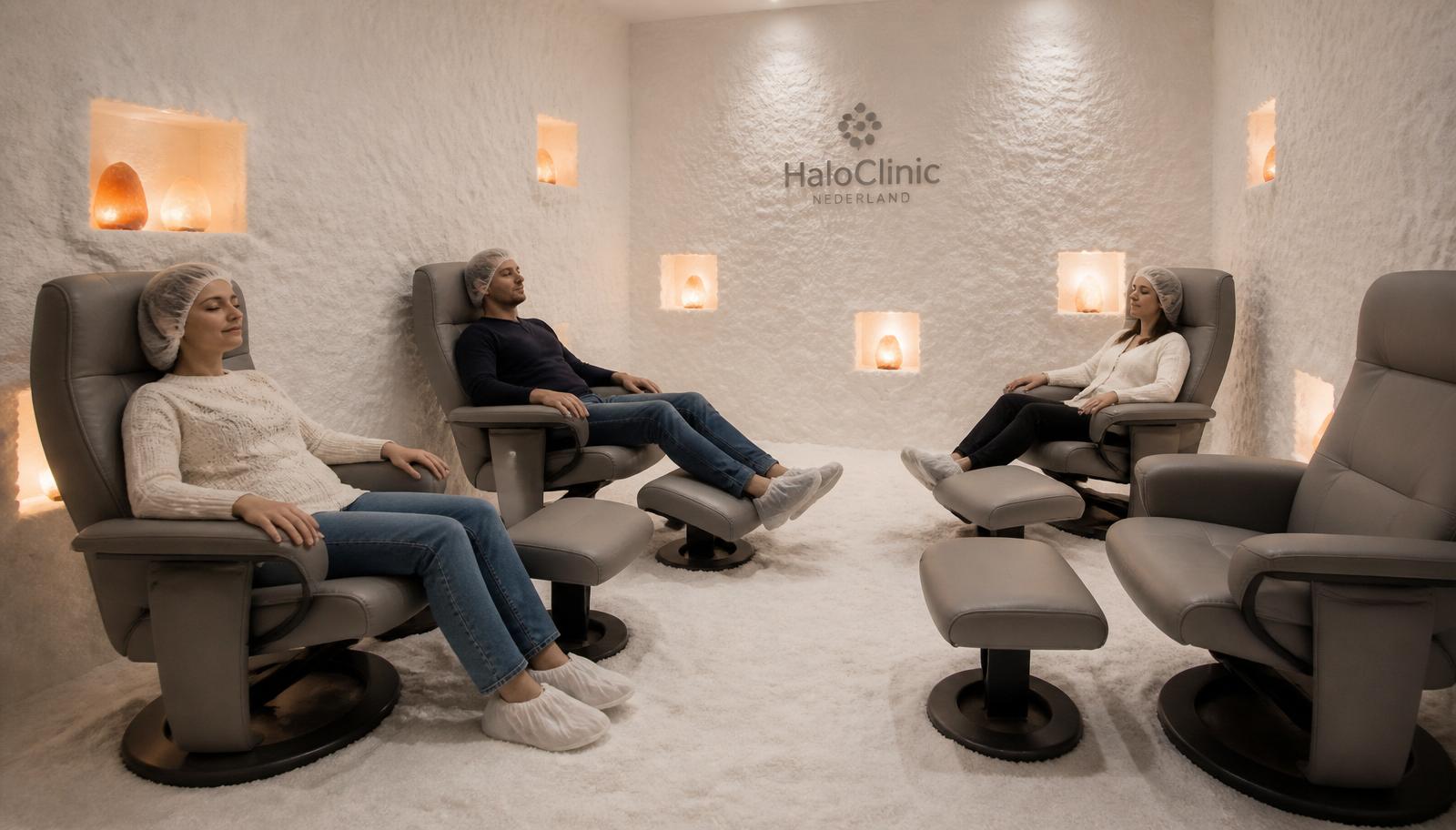Bezoekers ontspannen in de professionele zoutkamer van HaloClinic Nederland met haarnetjes en witte overschoenen.
