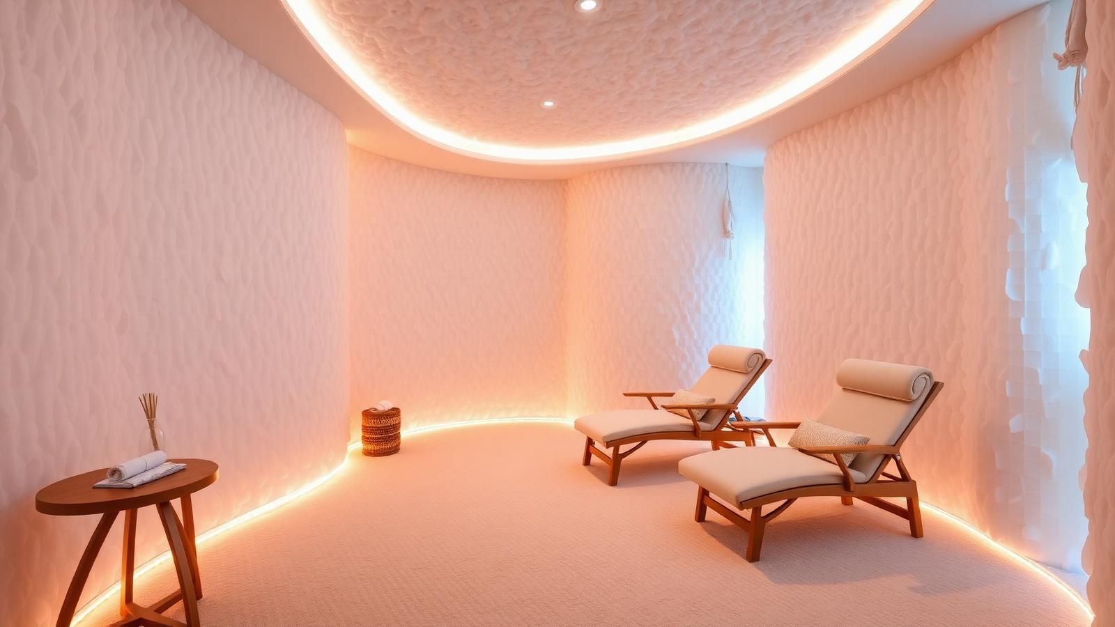 Rustige professionele zoutkamer met zoutbedekte wanden en ligstoelen bij HaloClinic Nederland