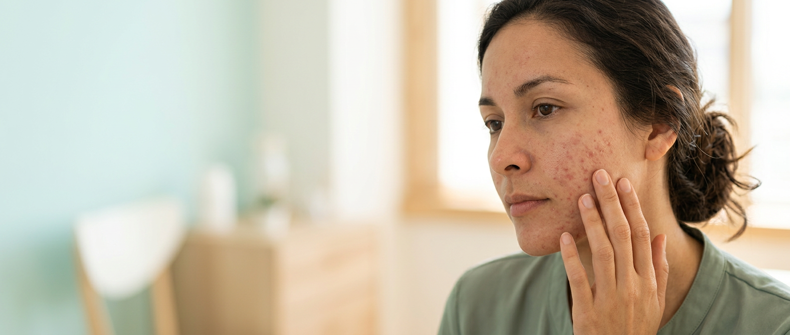 Vrouw bekijkt acne en huidklachten op haar wang — HaloClinic Nederland