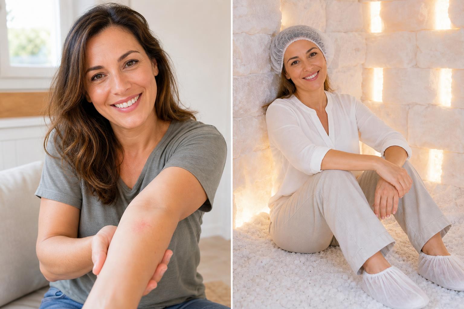 Split-screen voor en na: huid met eczeem en psoriasis tegenover tevreden patiënt in de zoutkamer bij HaloClinic Nederland