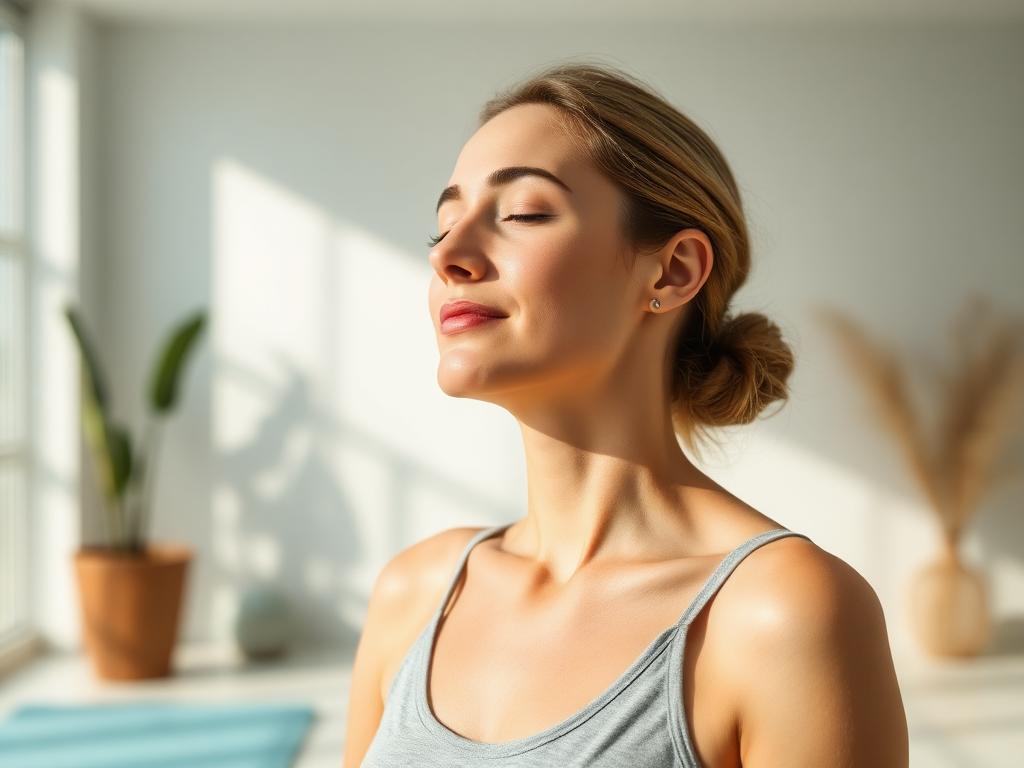 Vrouw die diep ademhaalt in een lichte wellnessruimte, illustrerend herstel en vitaliteit door halotherapie