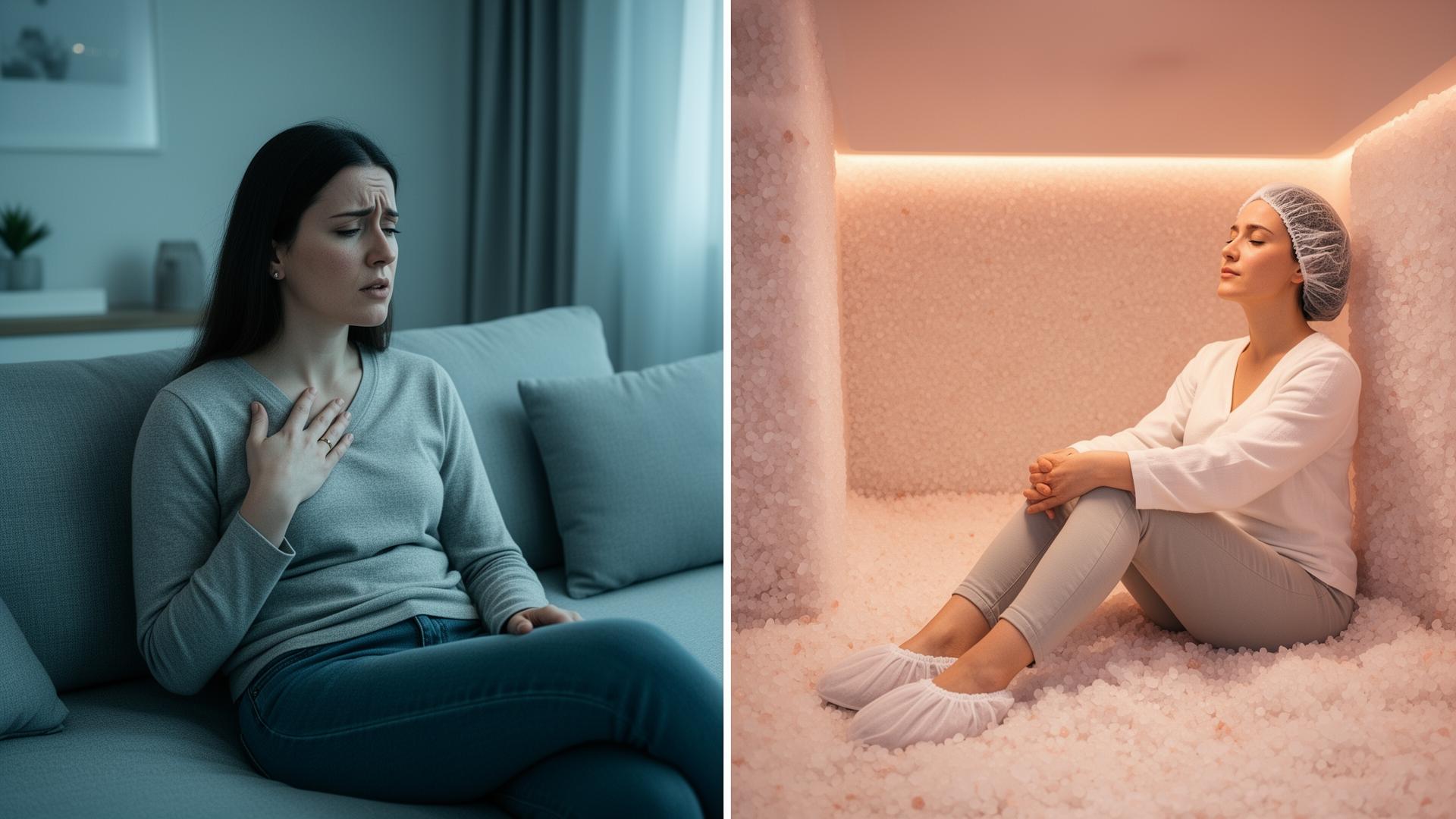 Split-screen: long-COVID klachten thuis versus herstel in de zoutkamer bij HaloClinic Nederland