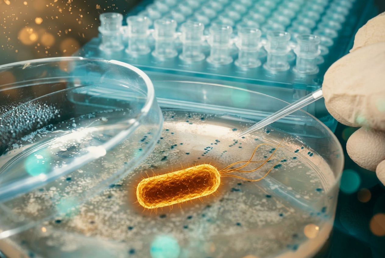 Bovenaanzicht van gefermenteerde voeding, yoghurt, zuurkool en verse groenten op een lichte houten ondergrond — symbool voor een gezonde darmflora