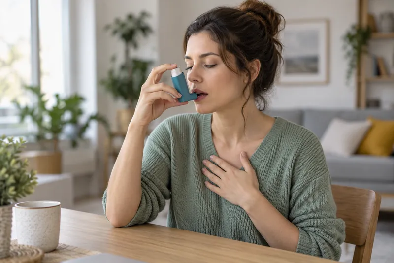 Vrouw gebruikt inhaler bij luchtwegklachten, passend bij halotherapie voor astma en COPD