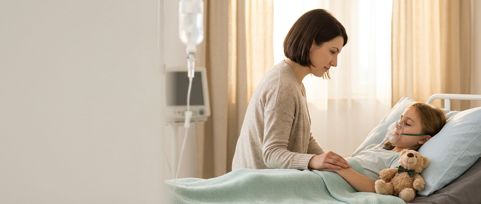Moeder houdt de hand vast van haar kind dat via een masker inhaleert bij taaislijmziekte (cystic fibrosis)