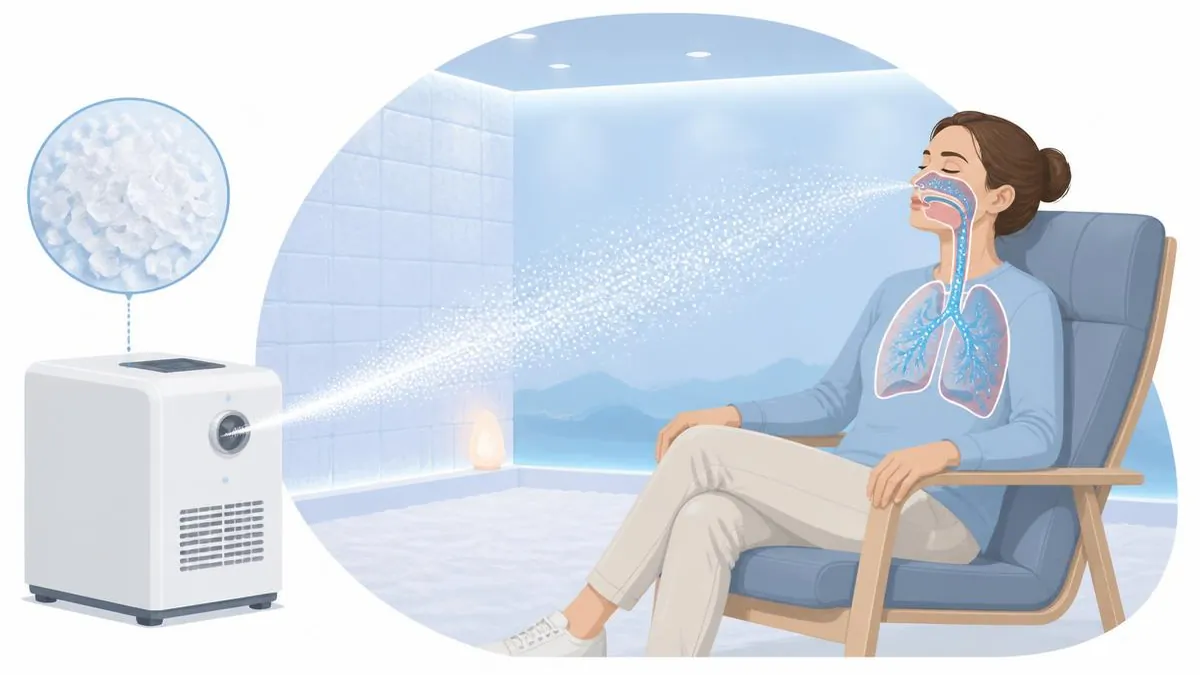 Illustratie van droge zoutaerosol die tijdens halotherapie wordt ingeademd richting de luchtwegen