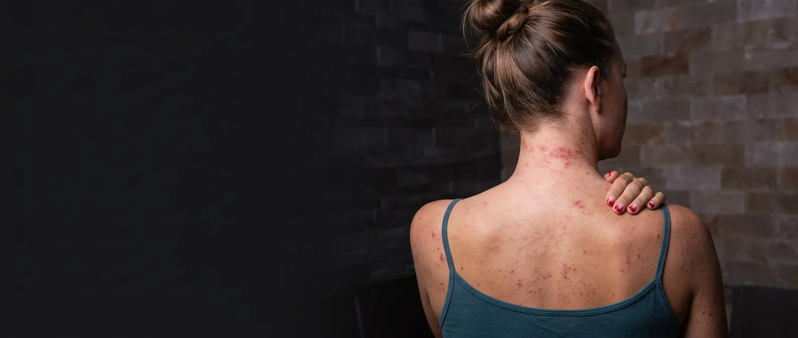 Vrouw met zichtbaar eczeem in een rustige zoutkamer van HaloClinic Nederland