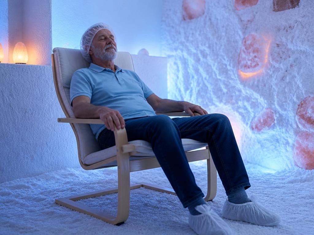 Cliënt met COPD ontspant tijdens halotherapie in de zoutkamer van HaloClinic Nederland