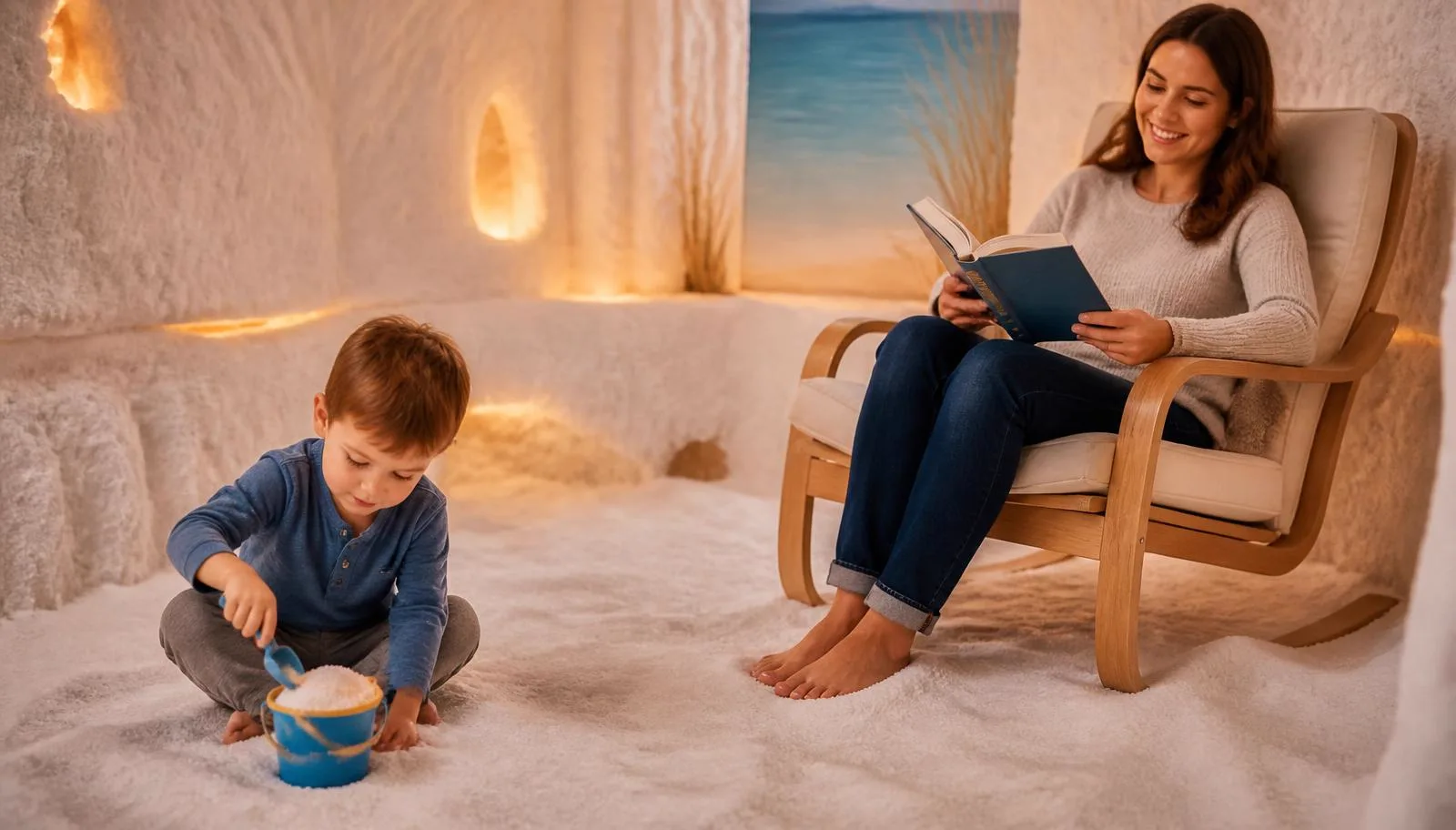 Kind speelt in het zout van de kinderzoutkamer terwijl een ouder ontspannen leest bij HaloClinic Nederland
