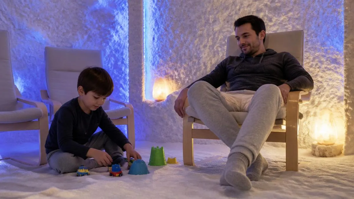 Kind met ouder tijdens halotherapie in een zoutkamer bij ervaringen met astma