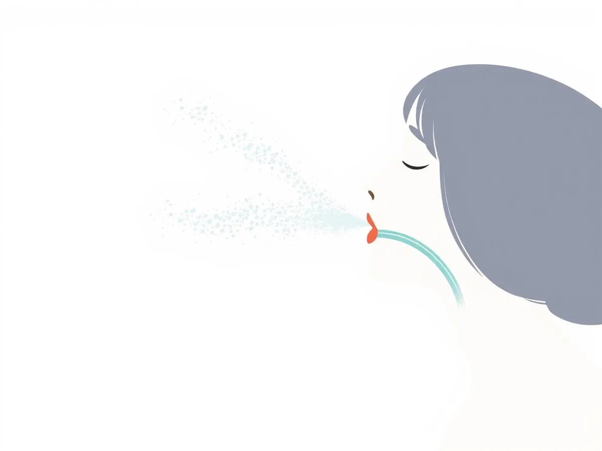 Illustratie van fijne droge zoutdeeltjes die via de neus worden ingeademd en de luchtwegen bereiken