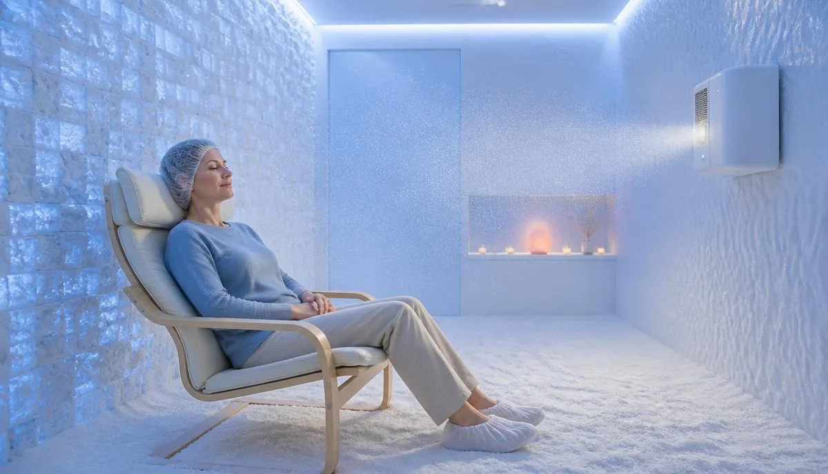 Droge zoutaerosol wordt ingeademd tijdens halotherapie in een professionele zoutkamer bij COPD