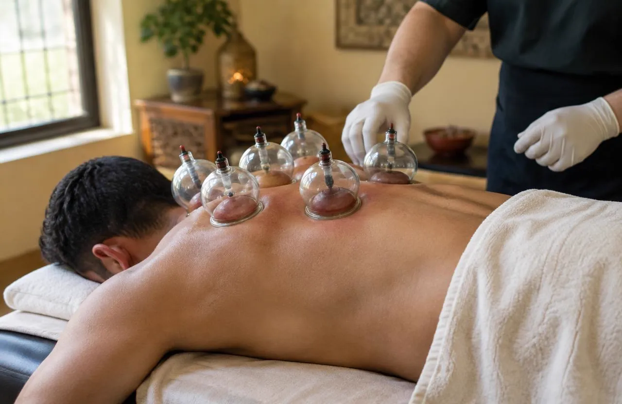 Hijama-behandeling: man ligt op zijn buik op een behandeltafel met glazen cups op de rug, behandelaar met handschoenen