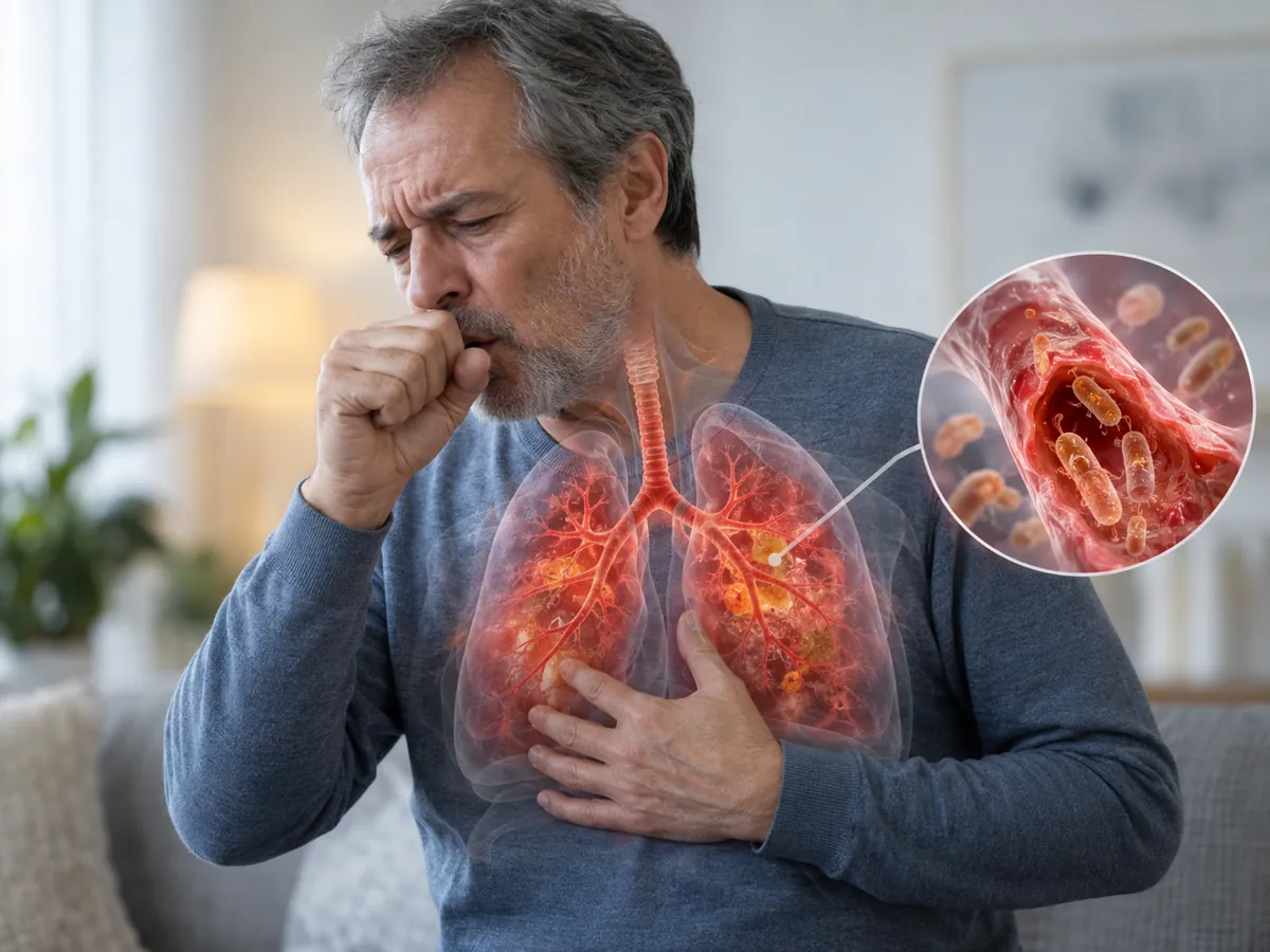 Man met hoestklachten en visualisatie van ontstoken longen en bacteriën