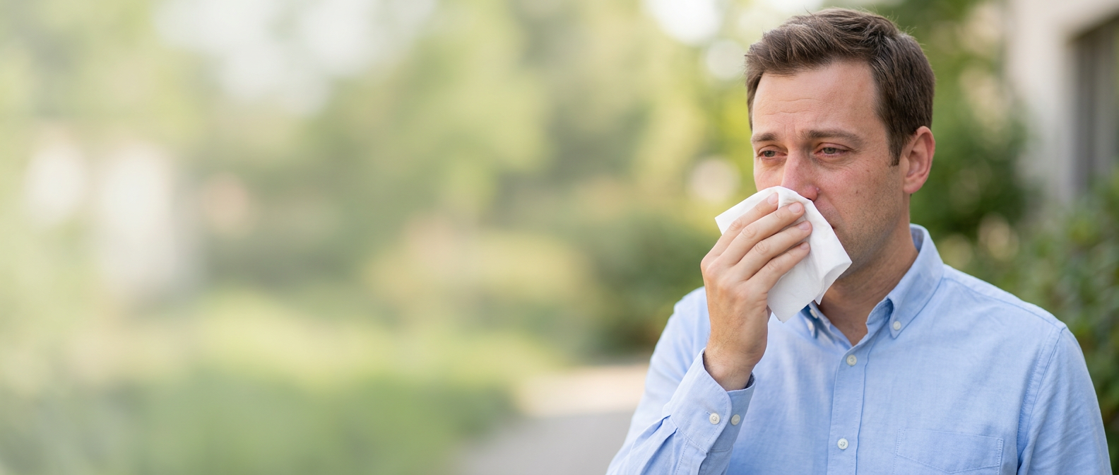 Man met lichtblauw overhemd gebruikt een tissue bij hooikoorts en allergieklachten