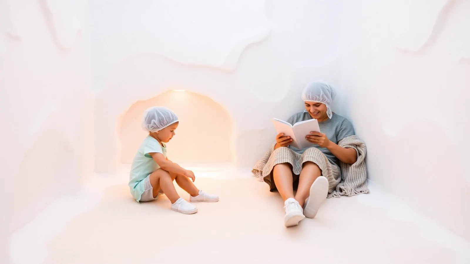 Kind speelt in het zout van de kinderzoutkamer terwijl een ouder ontspannen leest bij HaloClinic Nederland