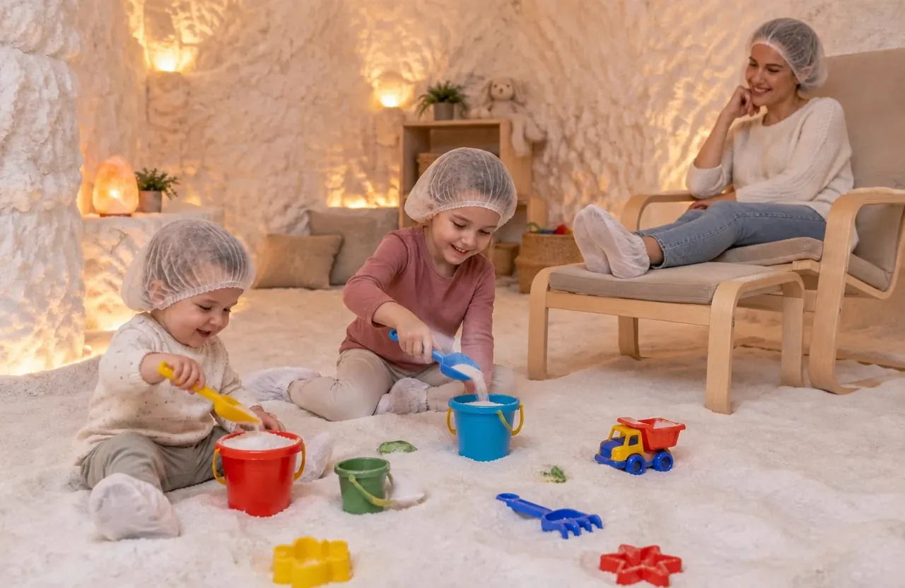 Twee jonge kinderen met witte haarnetjes spelen met emmertjes en schepjes in het zout van de kinderzoutkamer, moeder kijkt toe vanuit een houten fauteuil