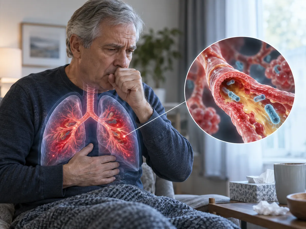 Oudere man met luchtwegontsteking, slijm en bacteriën in de luchtwegen