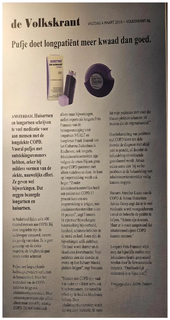 Volkskrant-artikel van 4 maart 2016 over inhalatiecorticosteroïden en COPD
