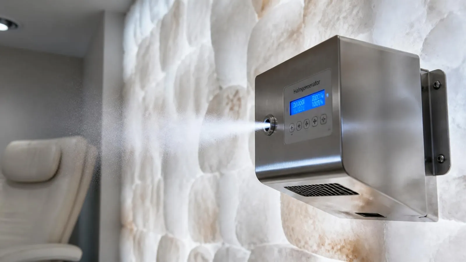 Professionele halogenerator die droge zoutaerosol verspreidt in een zoutkamer