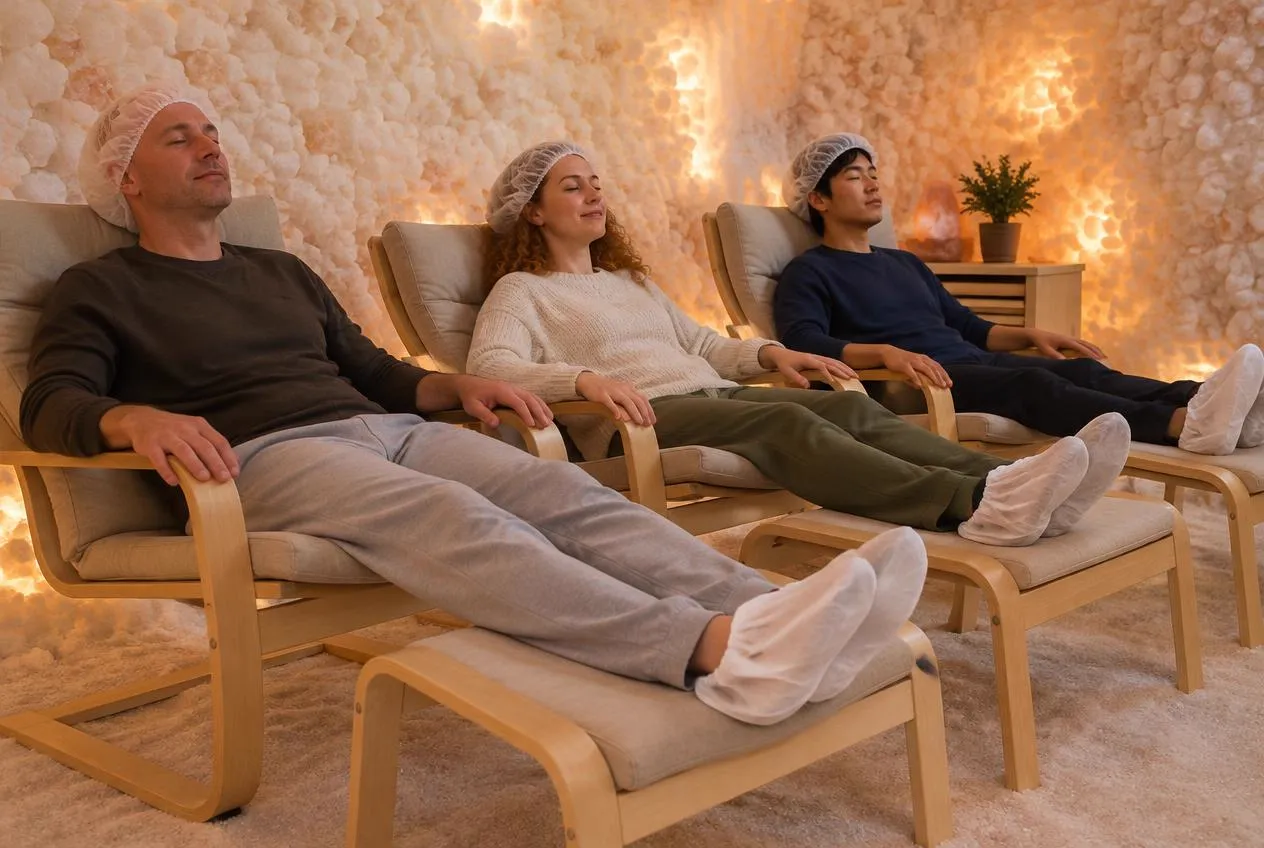 Drie bezoekers uit het Groene Hart ontspannen in de zoutkamer van HaloClinic Heemstede