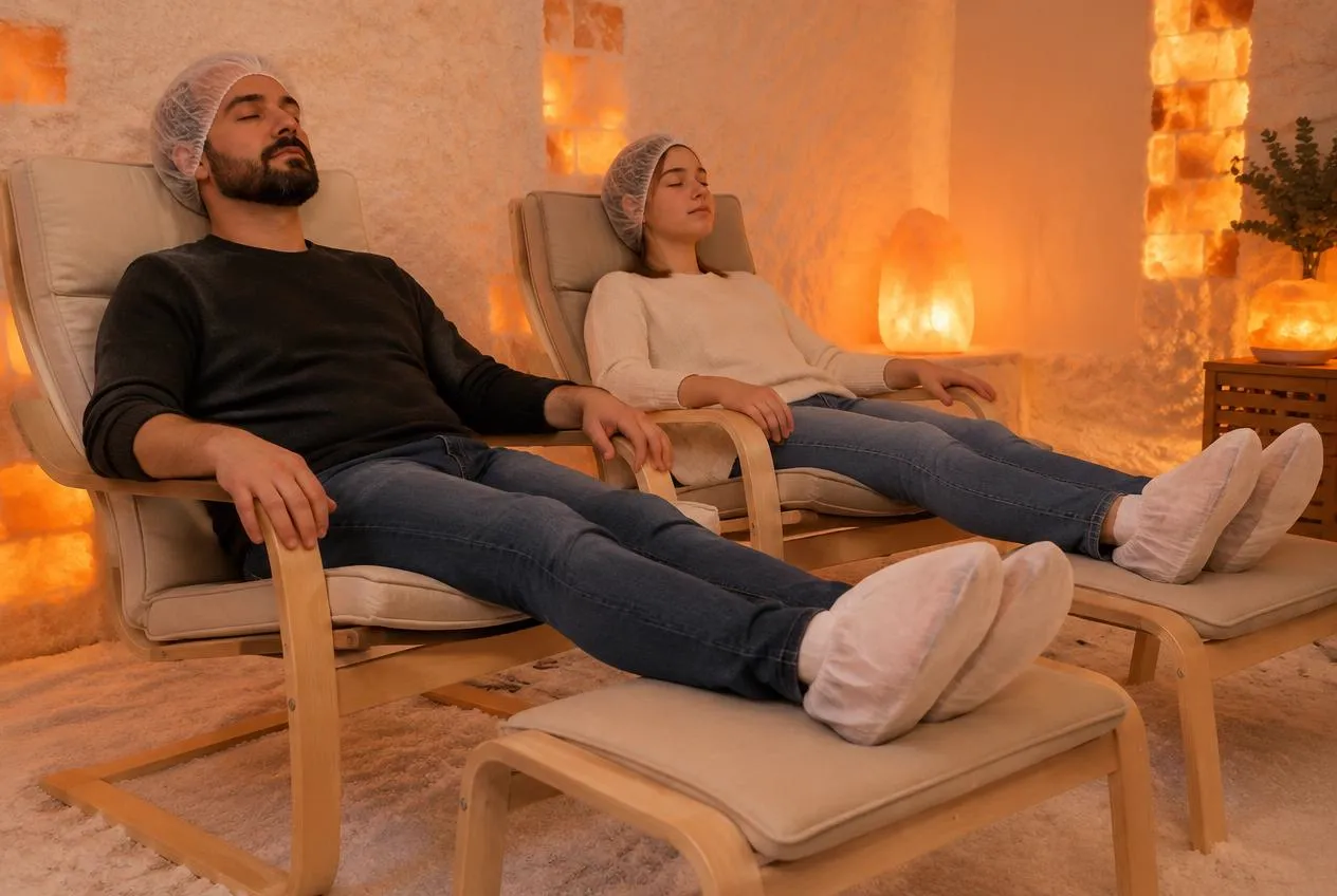 Vader en dochter met haarnetjes en witte overschoenen in POÄNG-stoelen in de zoutkamer