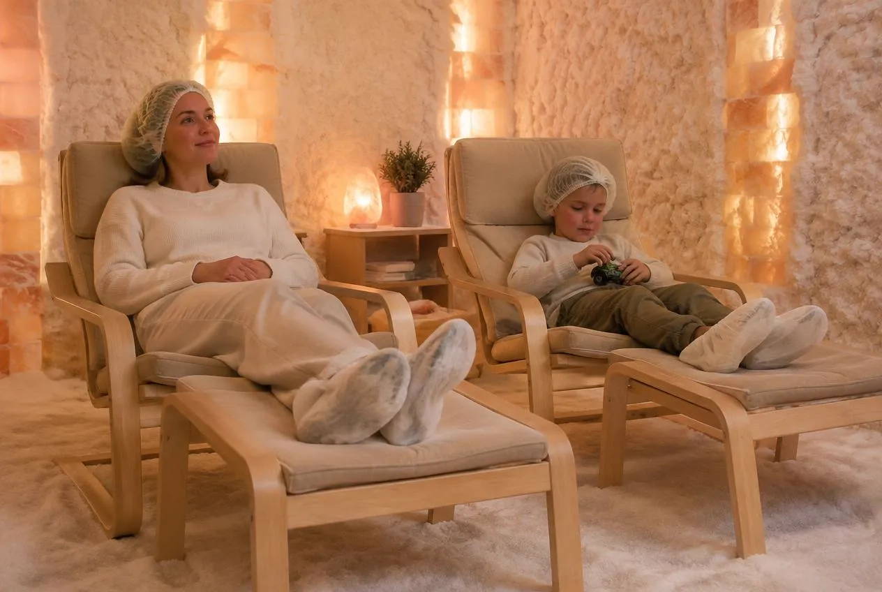 Moeder en zoon uit de Bollenstreek ontspannen in de zoutkamer van HaloClinic Heemstede