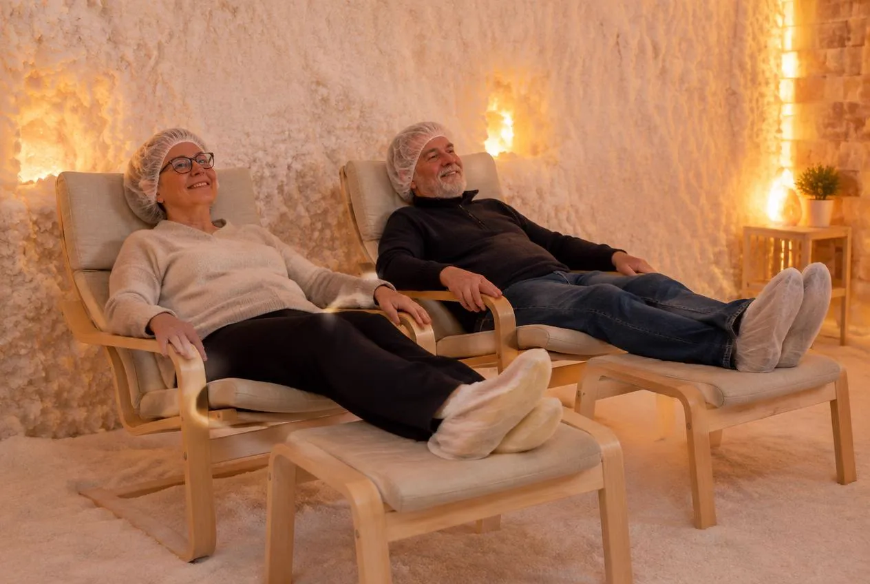 Ouder echtpaar in POÄNG-stoelen met voetenbank tijdens een halotherapie-sessie